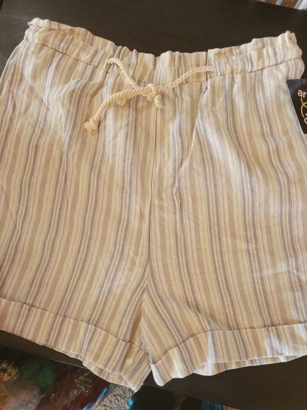 Light Stripe Drawstring Girls Shorts - Beige